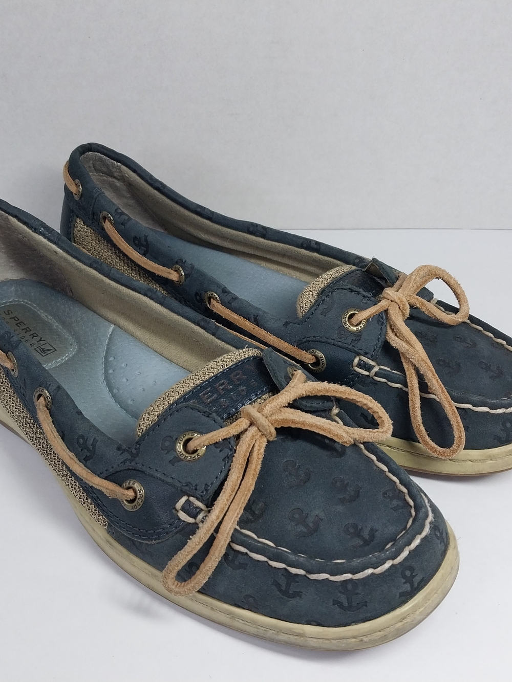 Sperry Boat Shoes Women 7.5 Blue Top Sider Leather Anchor Print Loafers Nautical